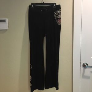 Ed Hardy black velour pants size M Blinged tiger